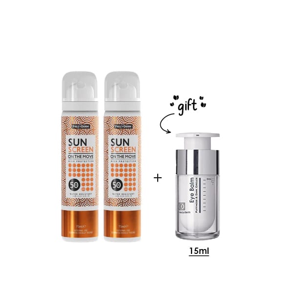 2 x Frezyderm Sun Screen On The Move SPF50 75 ML + Free Eye Balm 15 ML