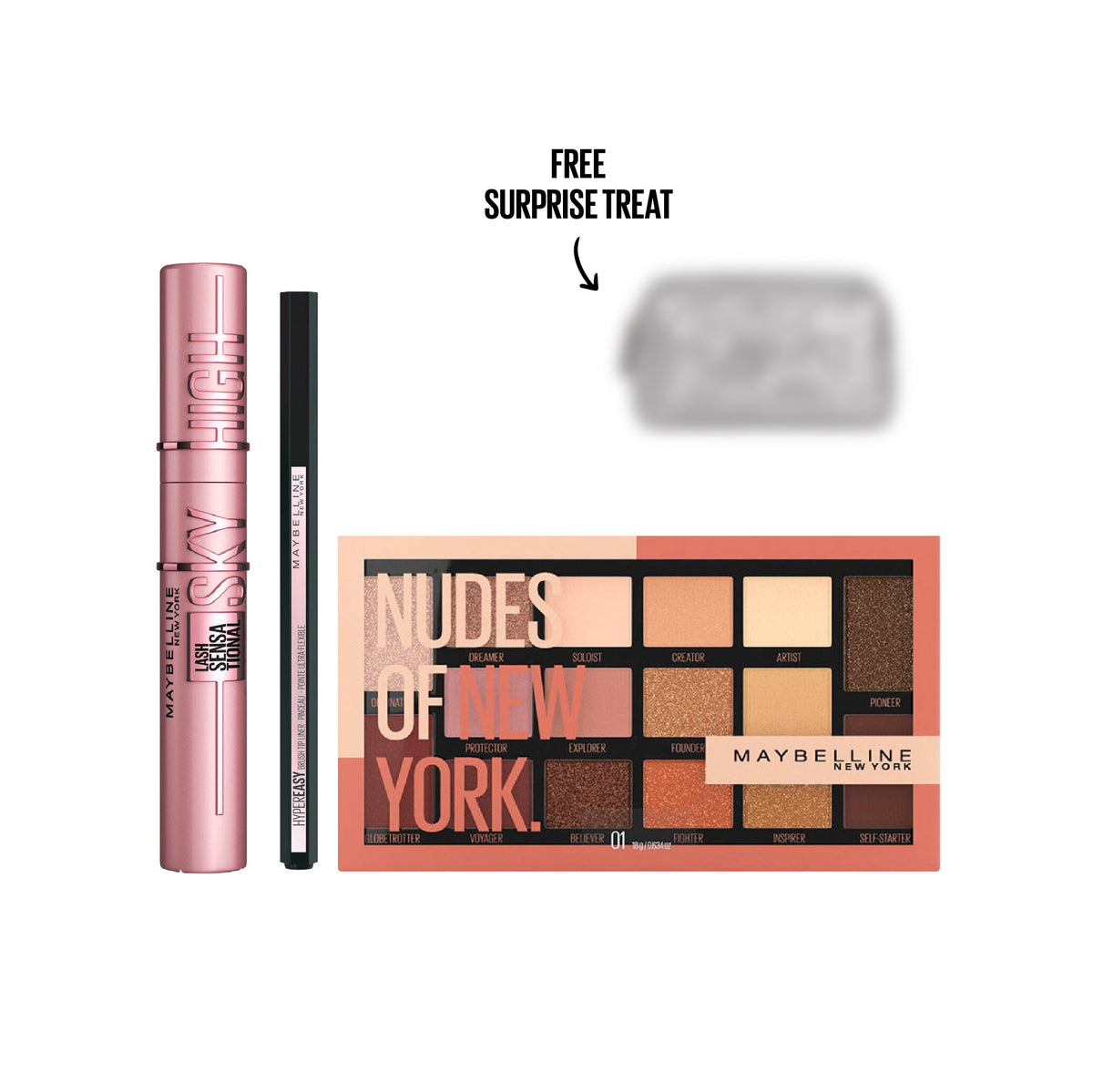 Maybelline Glamoween Eye Essentials – Nudes of New York Palette + Hyper Easy Liner + Sky High Mascara + Secret GWP promotional packshot with mystery gift