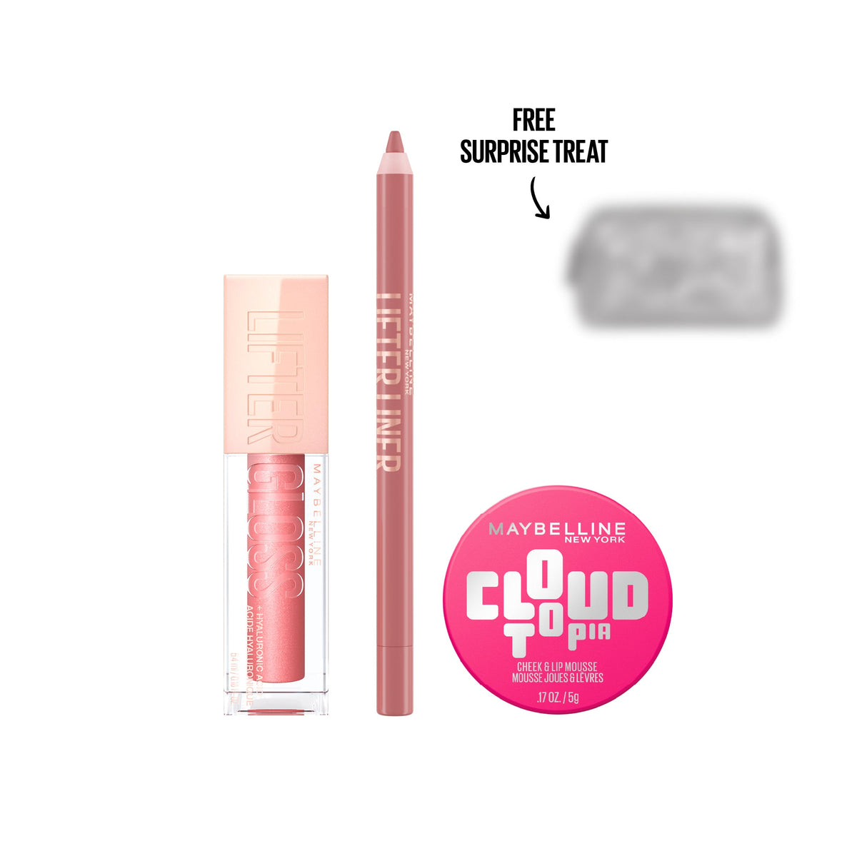 Maybelline Glamoween Lip Obsession – Cloudtopia + Lifter Liner + Lifter Gloss + Secret GWP promotional packshot with mystery gift