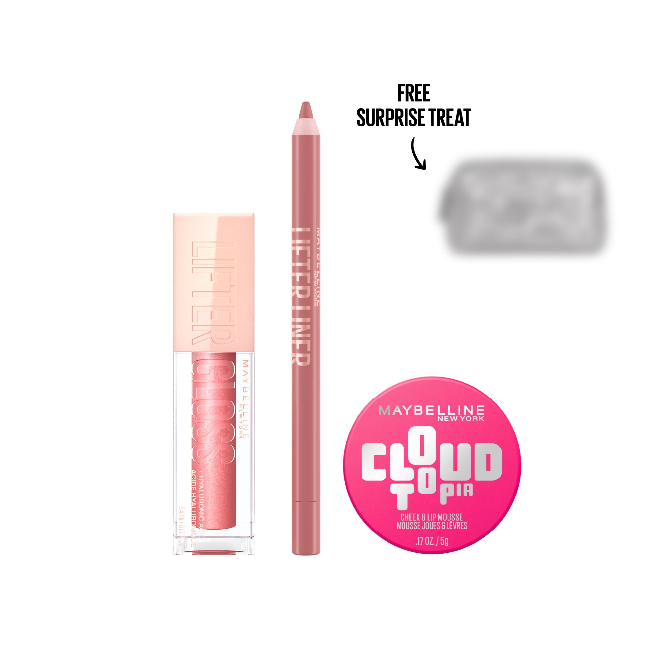 Maybelline Glamoween Lip Obsession – Cloudtopia + Lifter Liner + Lifter Gloss + Secret GWP promotional packshot with mystery gift