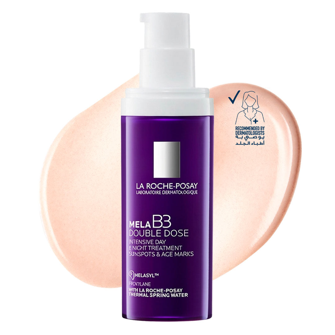 La Roche-Posay Mela B3 Double Dose treatment bottle and peach gel-cream texture
