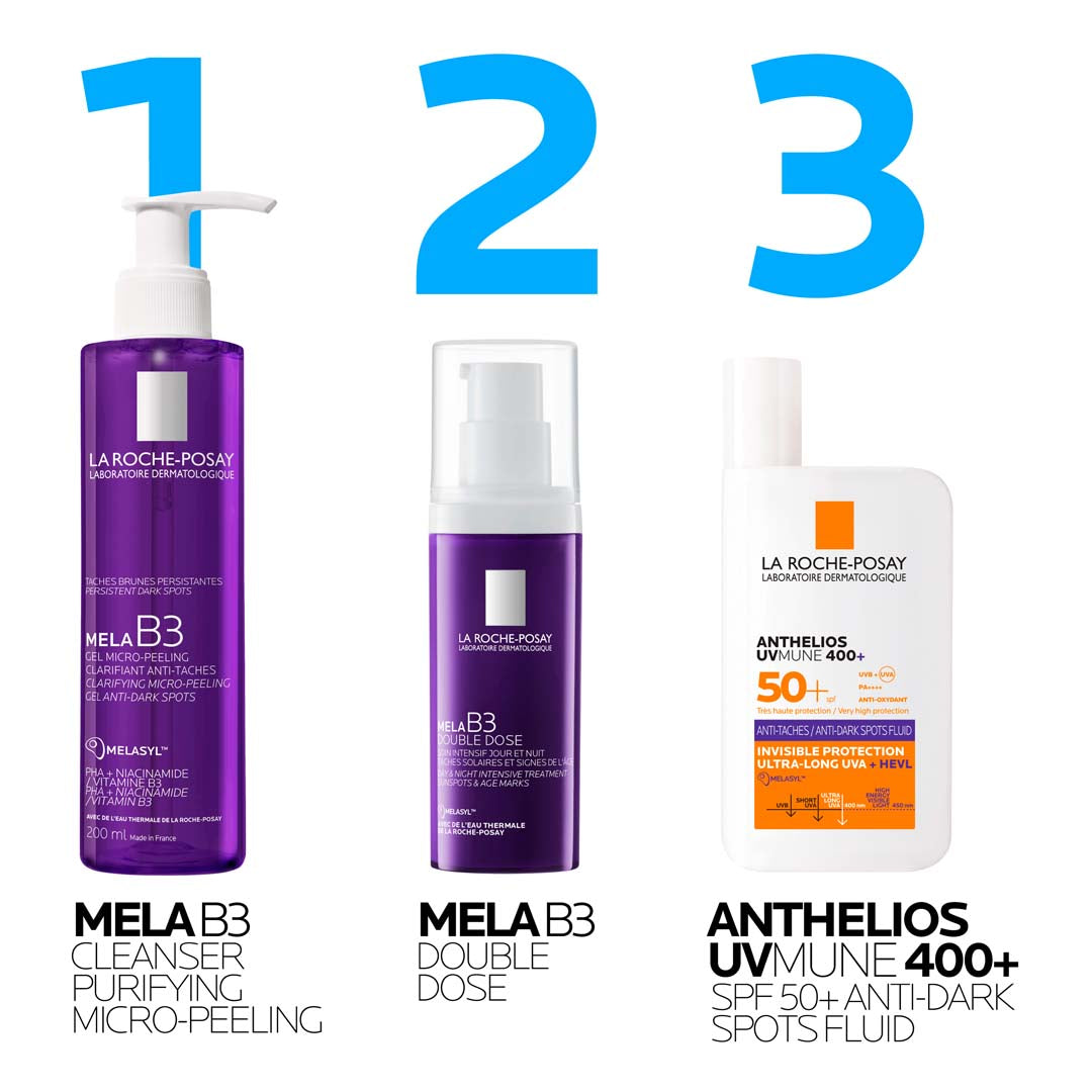 La Roche-Posay Mela B3 cleanser Double Dose and Anthelios sunscreen skincare routine