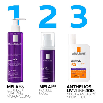 La Roche-Posay Mela B3 cleanser Double Dose and Anthelios sunscreen skincare routine