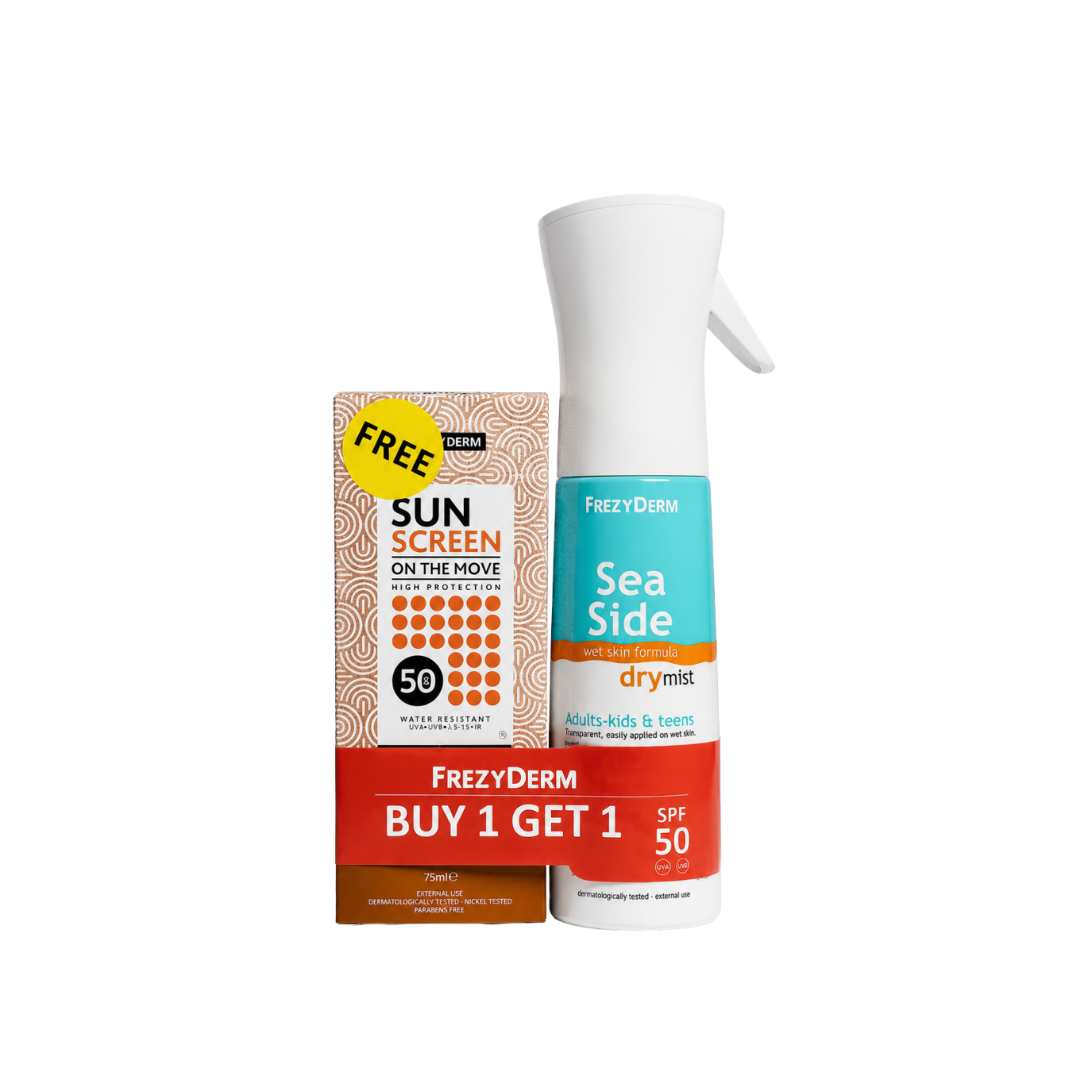Frezyderm Sea Side Dry Mist SPF 50 200 ML + Sunscreen on the Move SPF 50 75ML Free