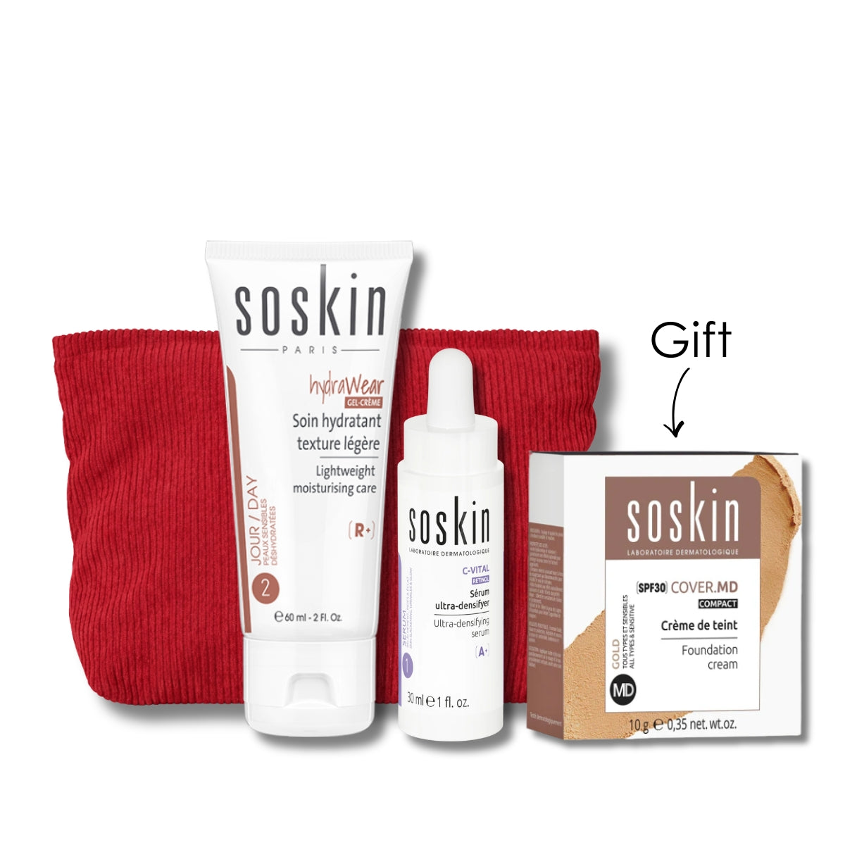 SoSkin C-Vital Ultra-Densifying Serum 30 ML + Hydrawear Moisturising Care Light Texture + Free Cover MD Gold Foundation Cream + Free Red Pouch