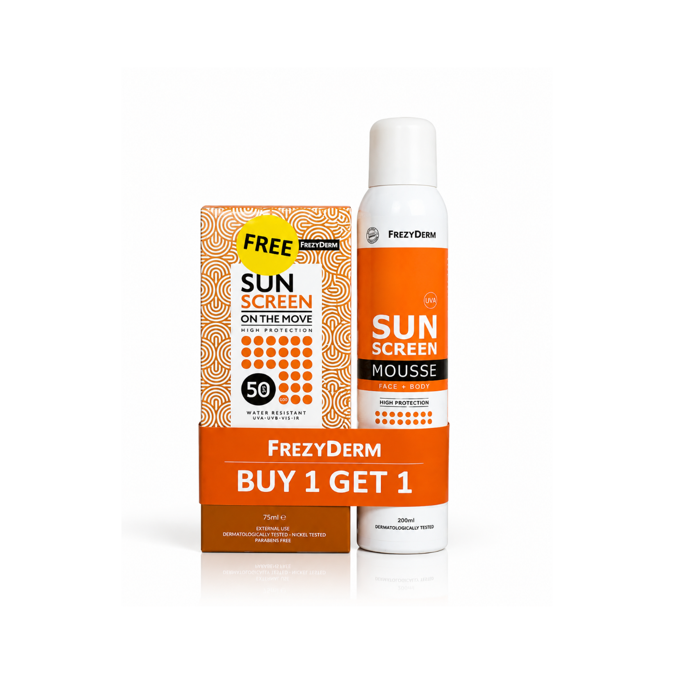 Frezyderm Sunscreen Mousse Face & Body 200 ML + Frezyderm Sunscreen on The Move SPF 50 75 ML Free