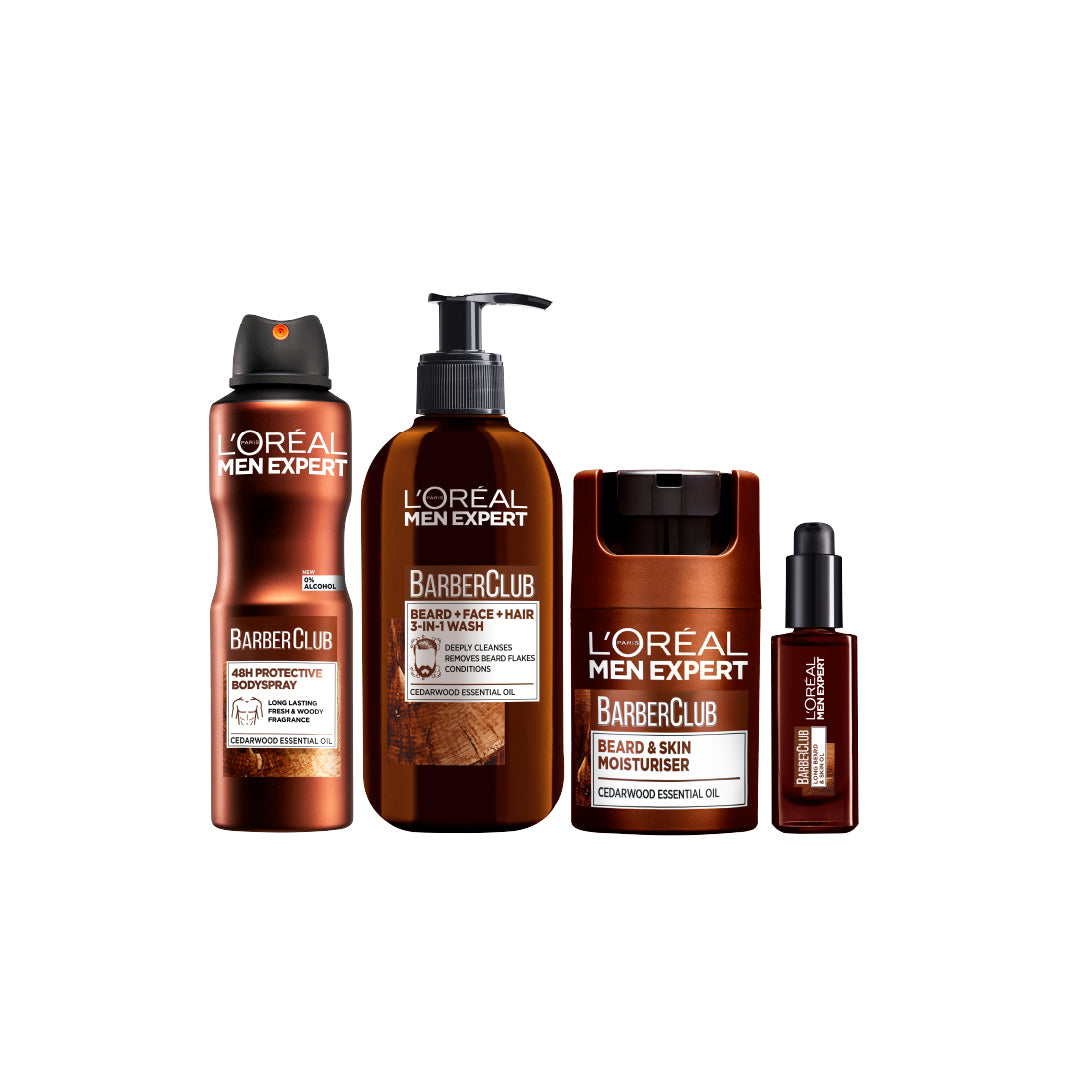 Barber Club Body Spray + 3-in-1 Wash Beard, Face & Hair + Beard & Skin Moisturiser + Beard & Skin Oil