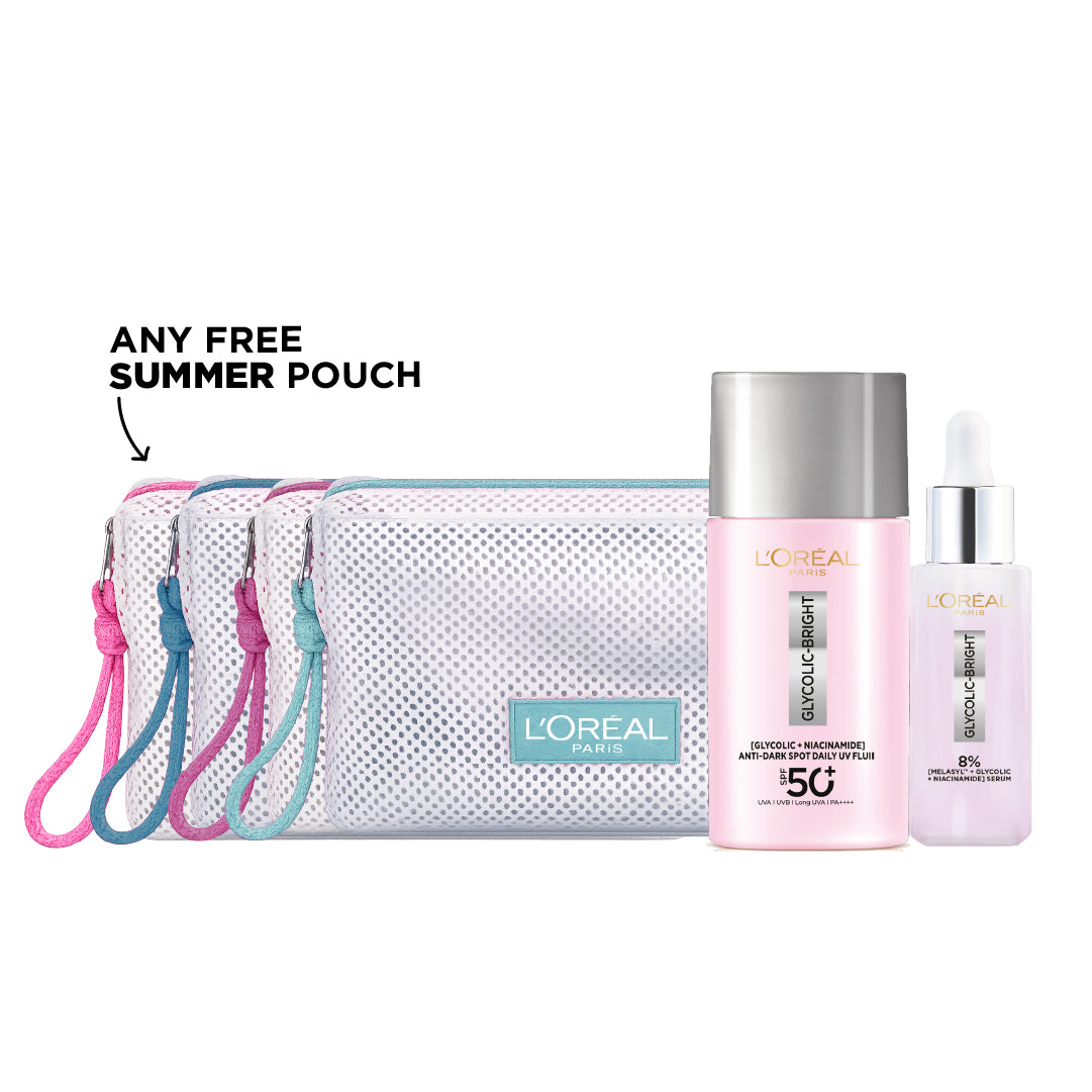 Buy Glycolic Bright face serum for Dark Spots & Brightening 30 ML + Glycolic Bright Anti-Dark Spot Daily UV Fluid SPF 50+ & Get Free Gift - Summer Pouch