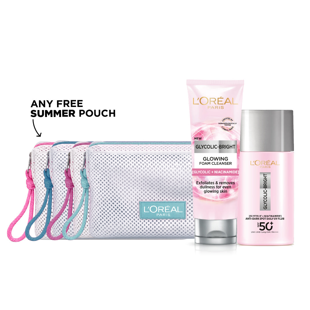 Buy Glycolic Bright Instant Glowing Face Wash 100 ML + Glycolic Bright Anti-Dark Spot Daily UV Fluid SPF 50+ & Get Free Gift - Summer Pouch
