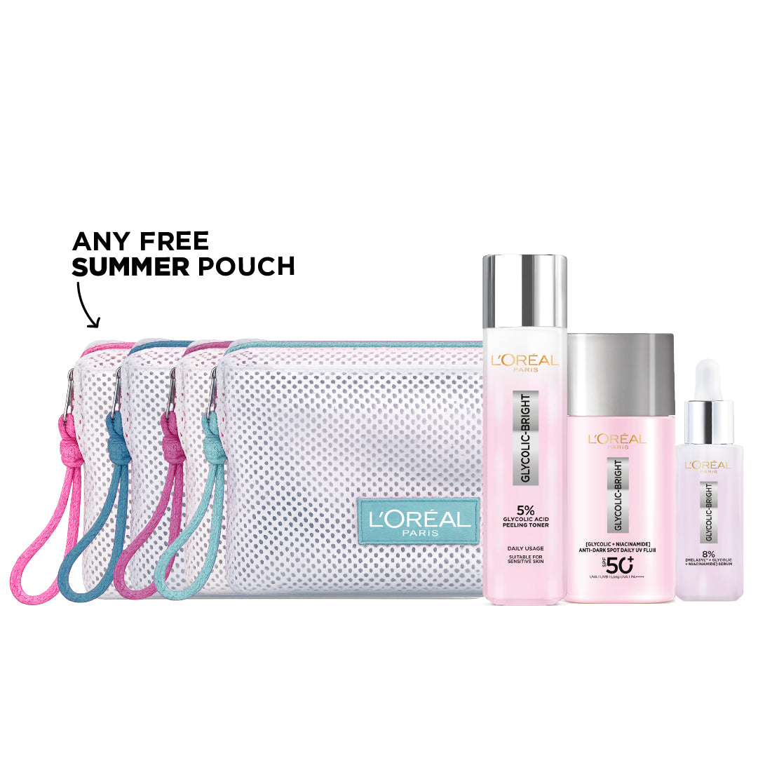 Buy Glycolic Bright Anti-Dark Spot Daily UV Fluid SPF 50 + 5% Glycolic Acid Peeling Toner for Instant Glowing Skin + Glycolic Bright face serum for Dark Spots & Brightening 30 ML & Get Free Gift - Summer Pouch