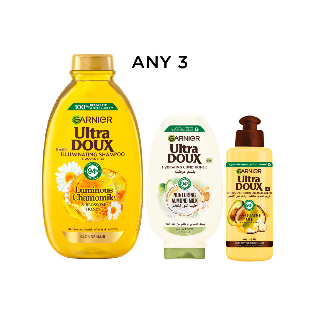 Ultra Doux Camomile & Flower Honey Illuminating Shampoo + Almond Milk Leave-In 200 ML + Avocado Oil & Shea Butter Leave-In