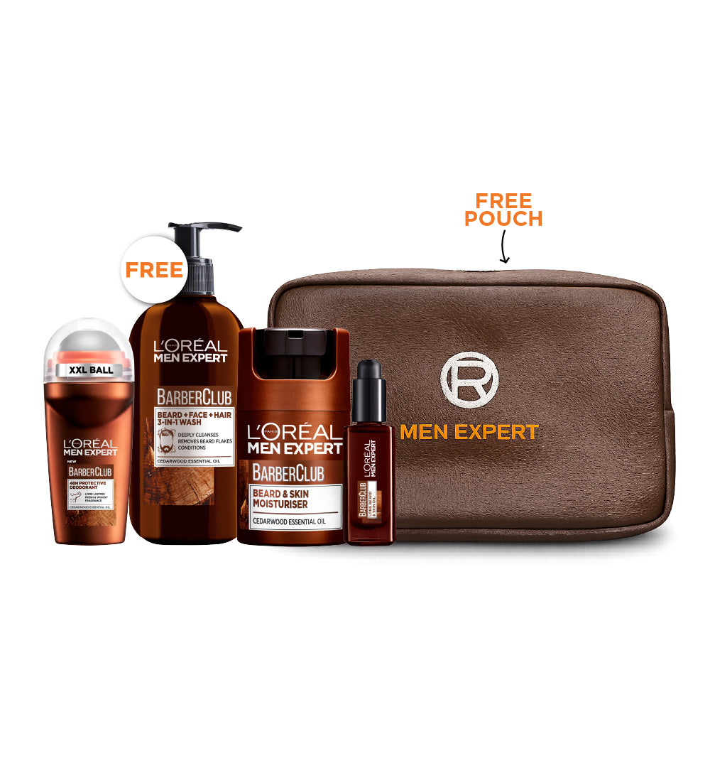 Men Expert-Barber Club - Deodorant Roll On 50 ML + Beard & Skin Moisturiser + Beard & Skin Oil + 3 in 1 Wash Beard + face + Hair & Get Men Expert Brown Leather Pouch