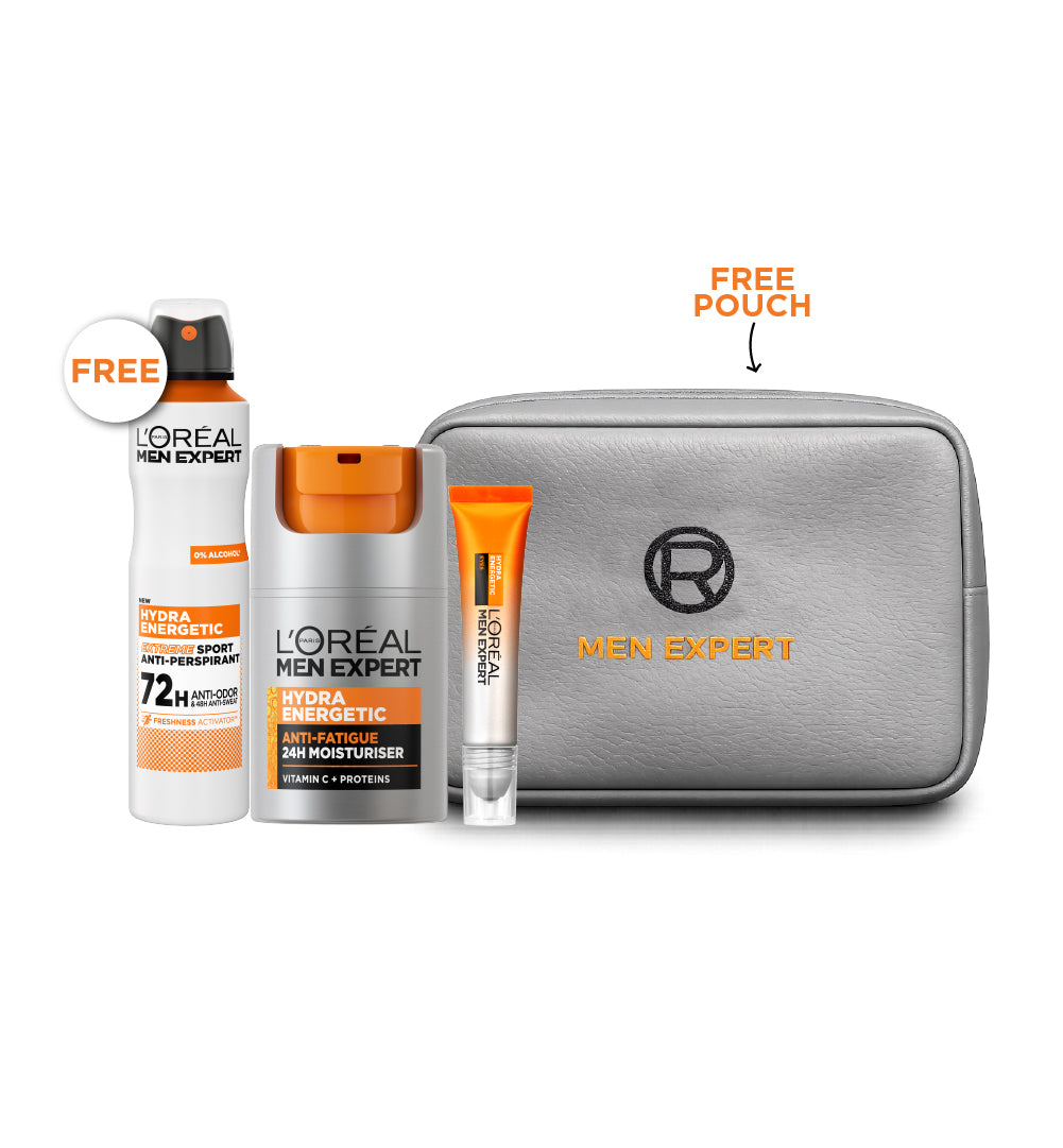 Buy Men Expert- Hydra Energetic - Extreme Sport- Deodorant Spray 150 ML + Moisturiser 50ML + Eye Serum & Get Men Expert Grey Pouch