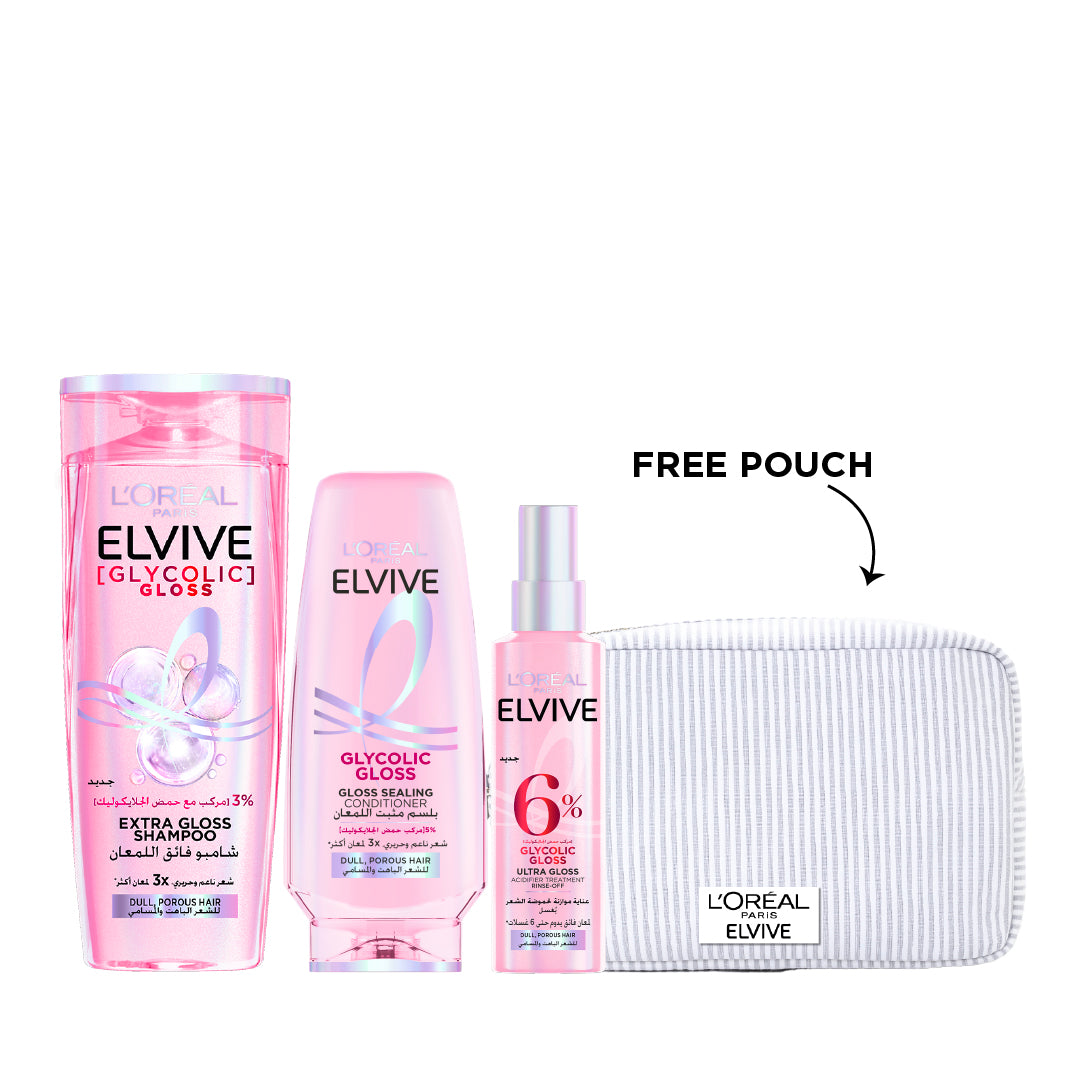 Elvive Glycolic Gloss Extra Gloss Shampoo 400 ML + Elvive Glycolic Gloss Gloss Sealing Conditioner 200 ML + Elvive Glycolic Gloss Ultra-Gloss Acidifier Treatment Rinse-Off 150 ML + Gift - Elvive Pouch