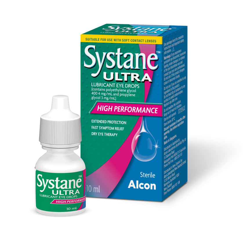 Systane Ultra lubricant eye drop bottle and packaging on a white background