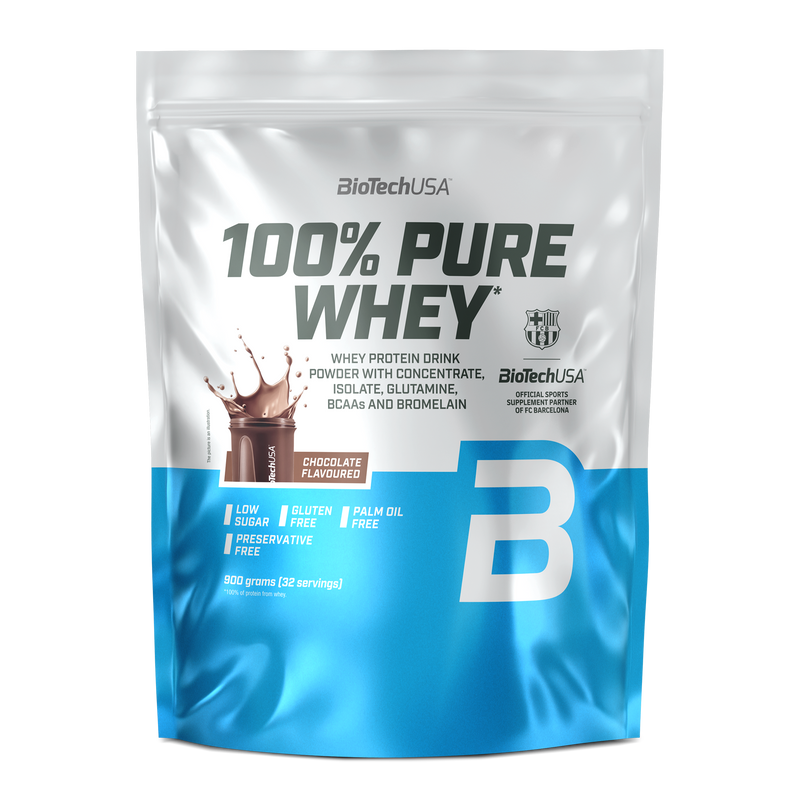 BioTechUSA 100% Pure Whey Chocolate 900g exact-size front pouch, chocolate flavour