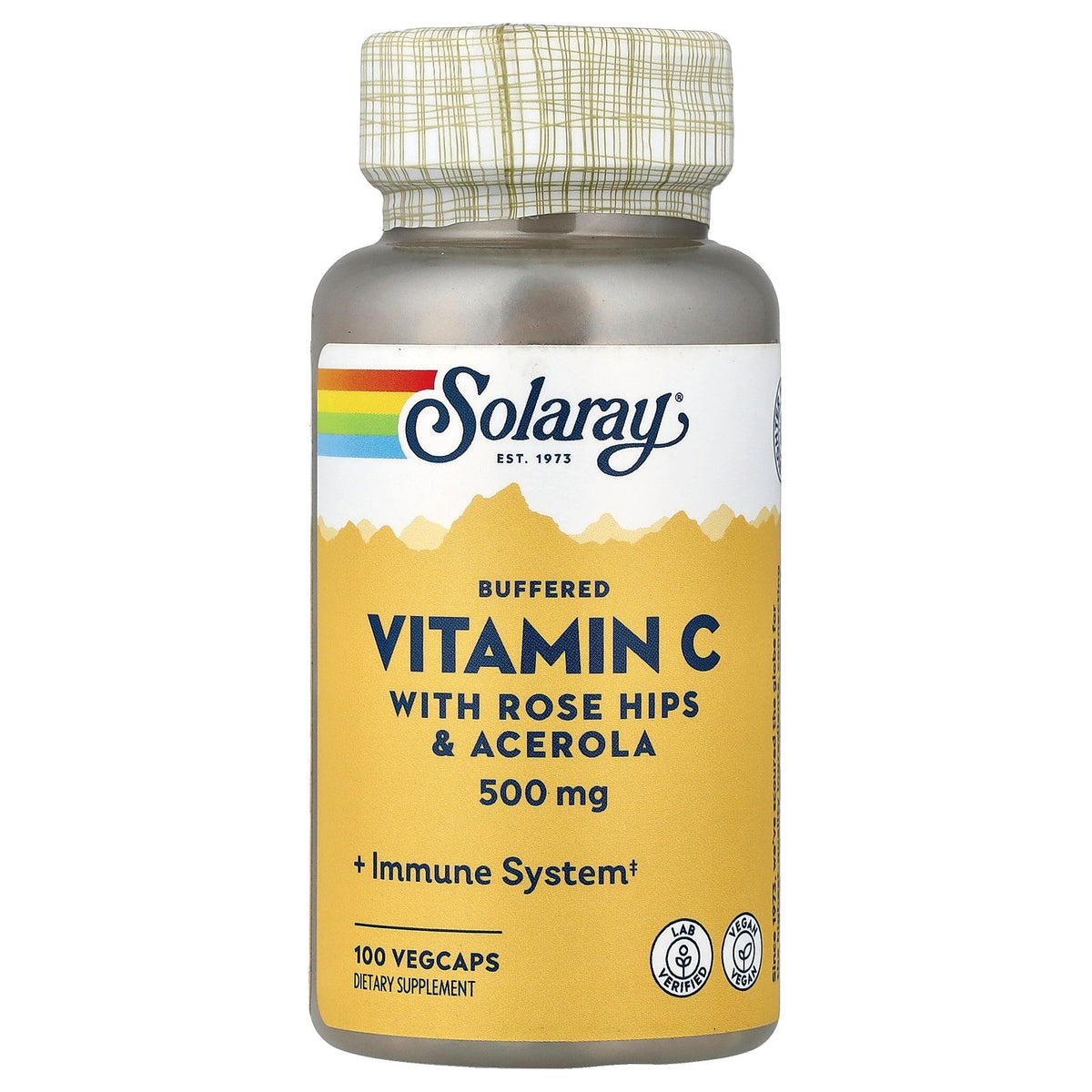 Solaray Buffered Vitamin C with Rose Hips & Acerola 500mg 100 VegCaps product bottle front